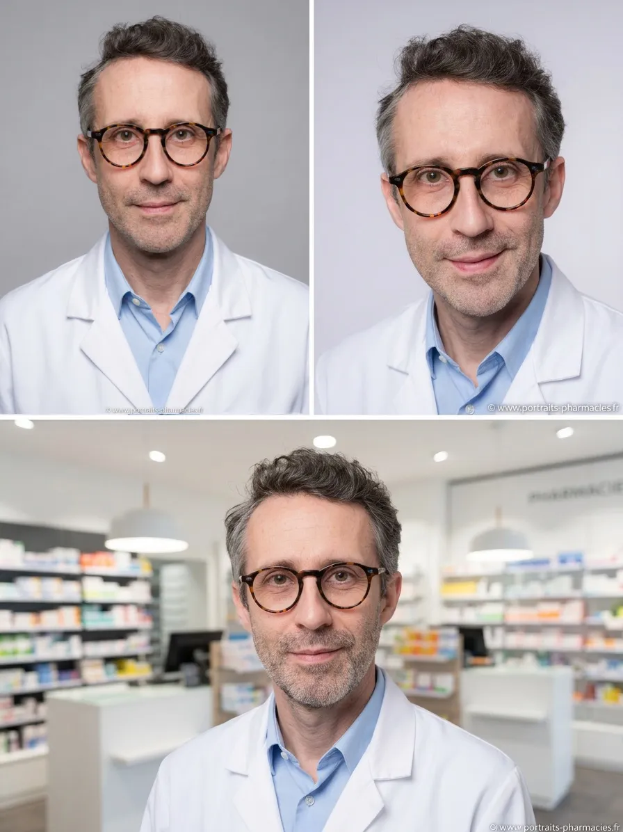 Portrait professionnel pharmacien généré par IA, fond officine