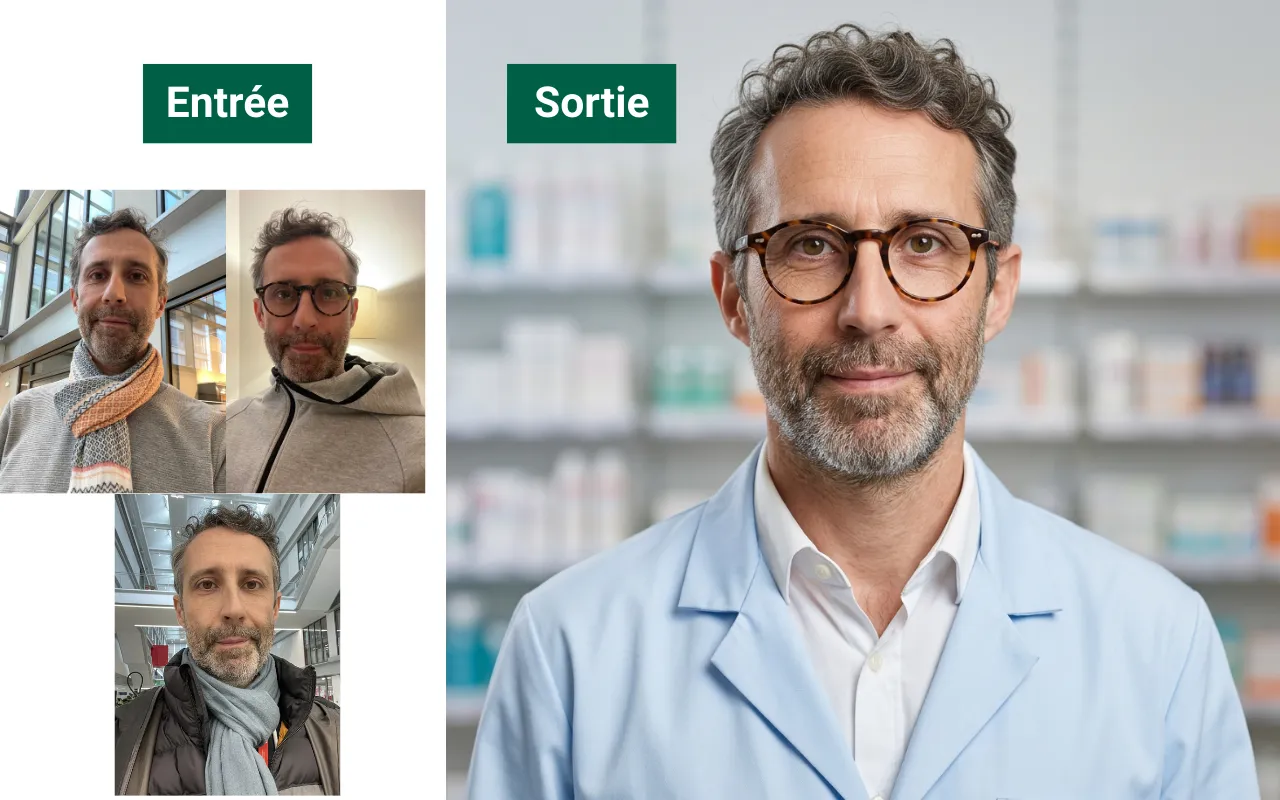 Exemple de rendu : selfies smartphone transformes en portrait professionnel pharmacien par IA